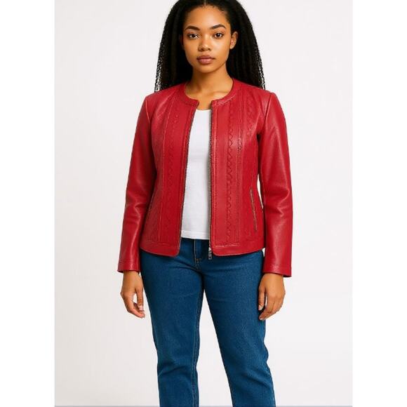 Nygard Red Embellished Leather Mixed Media Zipper Front Jacket XL - Picture 1 of 10